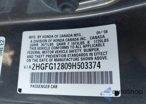 2009 Honda Civic Ex from USA, damaged, VIN 2HGFG12809H503374